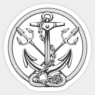 Ship anchor with tridents and ropes engraving illustration Sticker